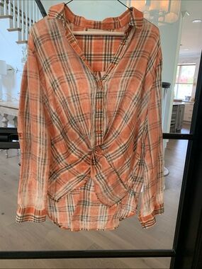 Paper Crane Orange and Cream Plaid Twist-Front Button Down Shirt